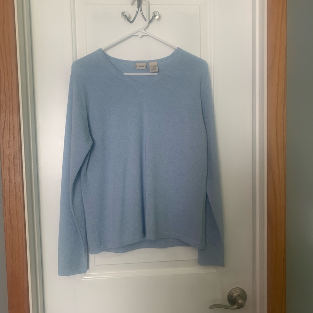 L. L. Bean light blue v-neck cashmere sweater.